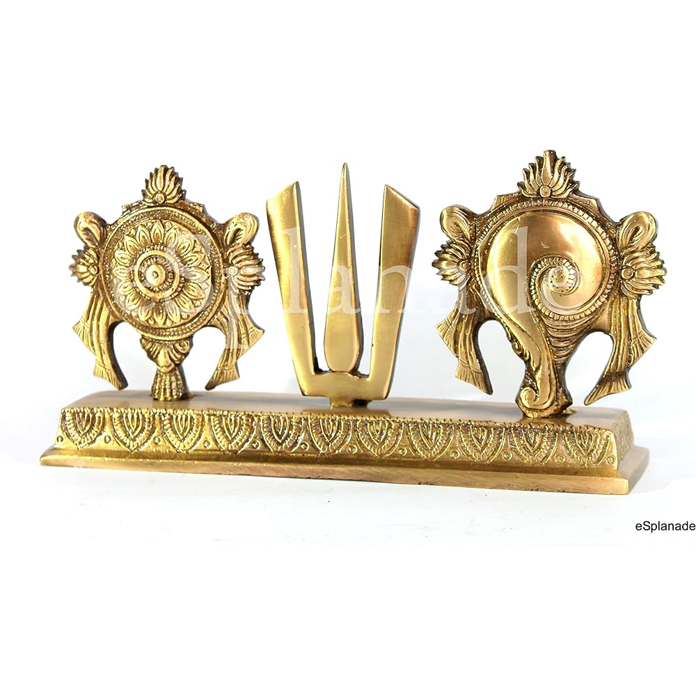 eSplanade Brass Shank Chakra Nama Showpiece | Shanka Chakra Tilak | Shanka Gada Padma | Padmanabhaswami | Vishnu | Home Decoration | Golden and Brown