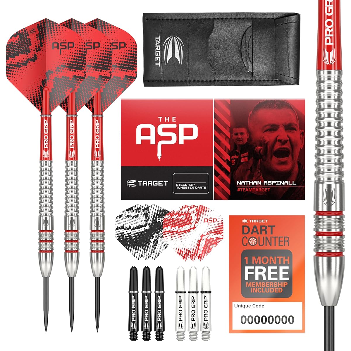 Target Darts Nathan Aspinall 22G Tungsten Steel Tip Darts Set - 9 Pro Grip Shafts - 9 Pro Ultra Flights - Dart Wallet - Dart Counter App Coupon Bundle