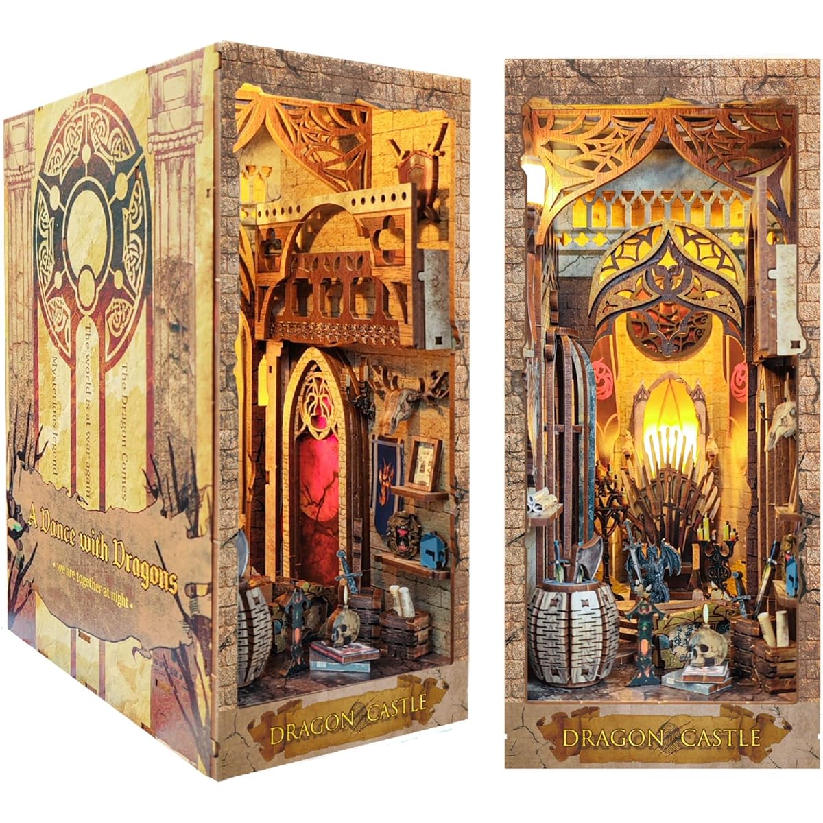 DYI Book Nook Kit for Adults 3D Wooden Puzzle Bookends Handmade Craft Dollhouse Building Model (Dragon)