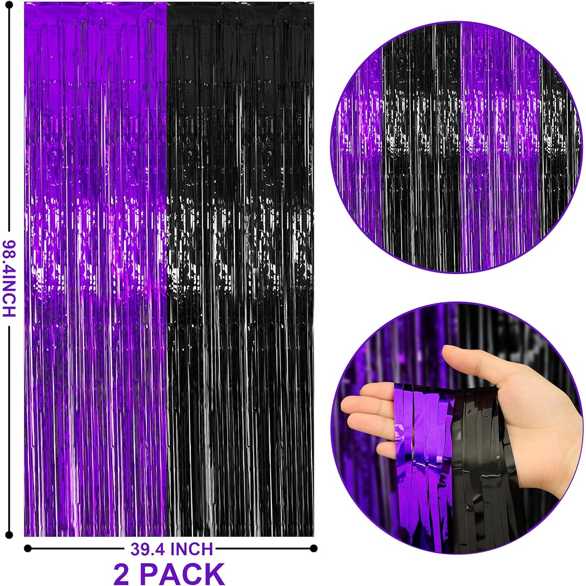 2 Pack 3.3ft x 8.5ft Halloween Purple Black Tinsel Foil Fringe Curtains Metallic Foil Curtains for Home Outdoor Halloween Party Photo Booth Props Decorations