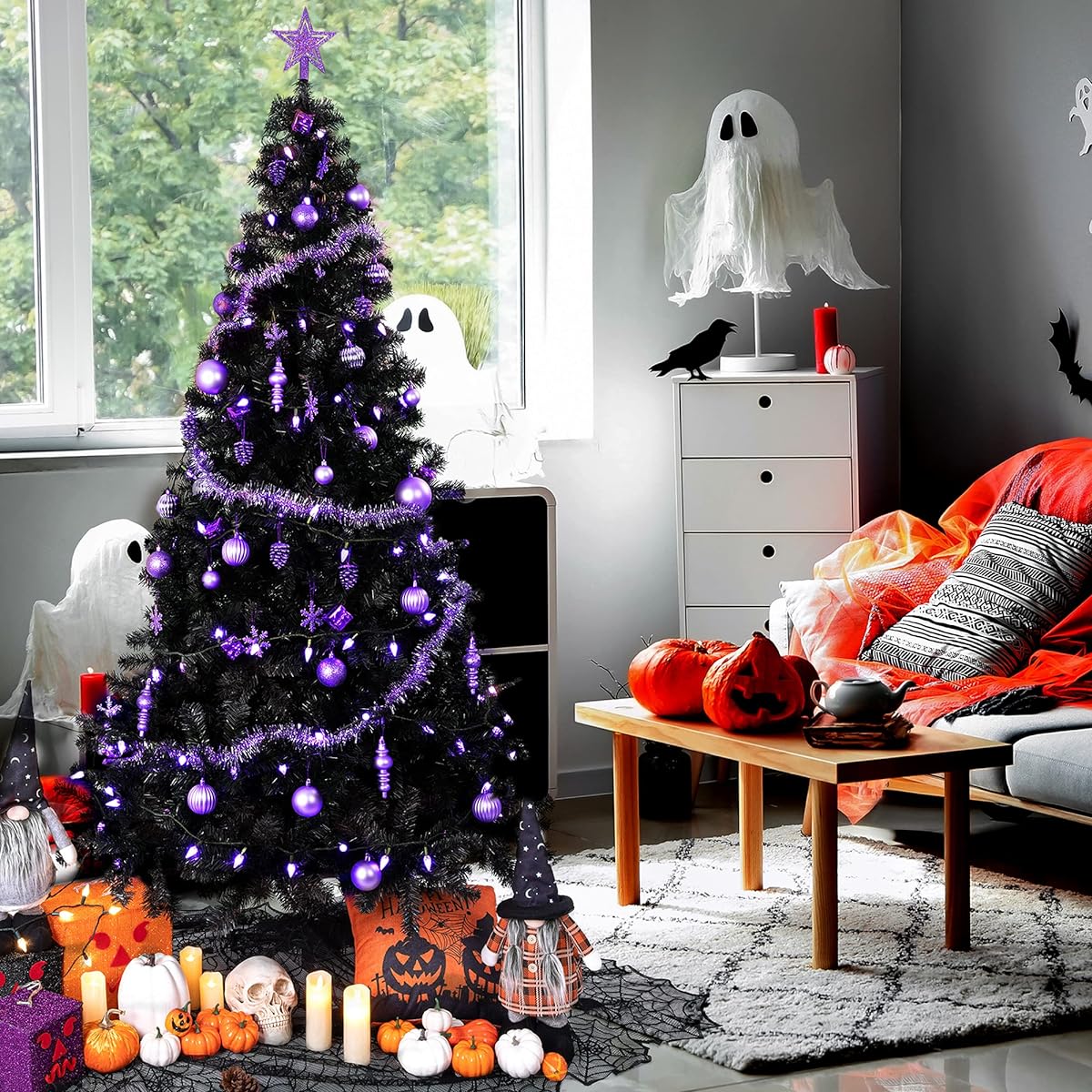 Sunnyglade 7.5ft Halloween Black Artificial Christmas Tree 1400 Chips Seasonal Holiday Decoration Tree with Metal Stand for Home Office Party (7ft)