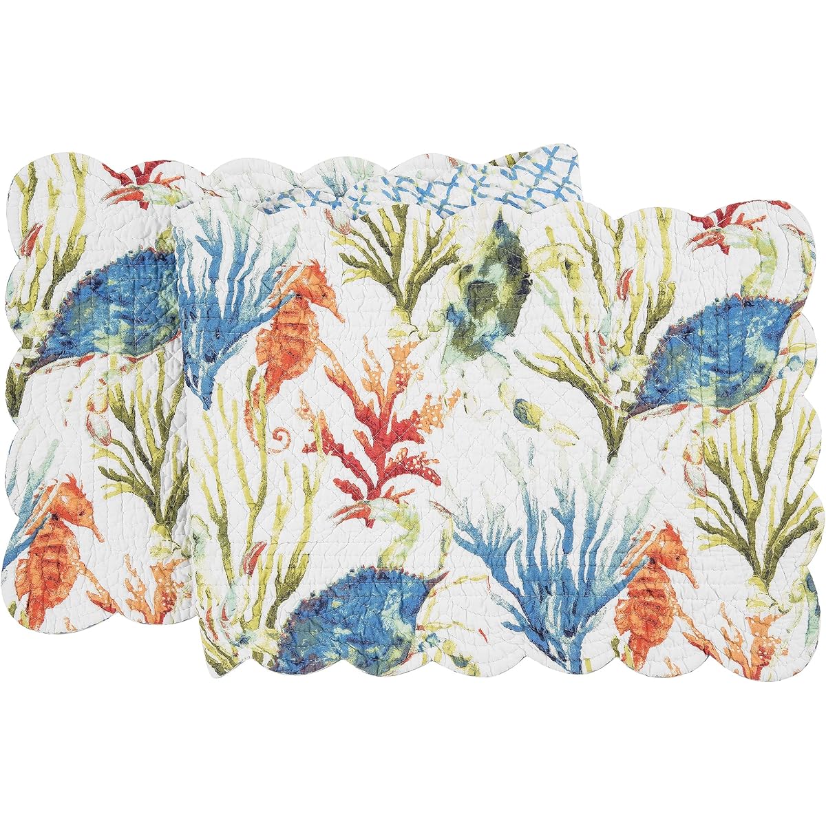 C&F Home Marino Quilted Reversible Rectangular Table Runner Nautical Beach Ocean Watercolor Colorful Reverse Blue and White Trellis Blue