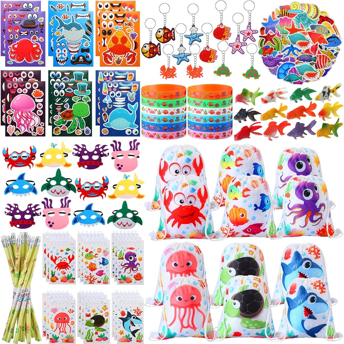 Fainne 146pcs Under the Sea Party Favors Sea Animal Toys Drawstring Backpack Silicone Bracelets Spiral Notebook Stickers Keychain Pencil Mask Birthday Party Supplies for Boys Girls School Rewards