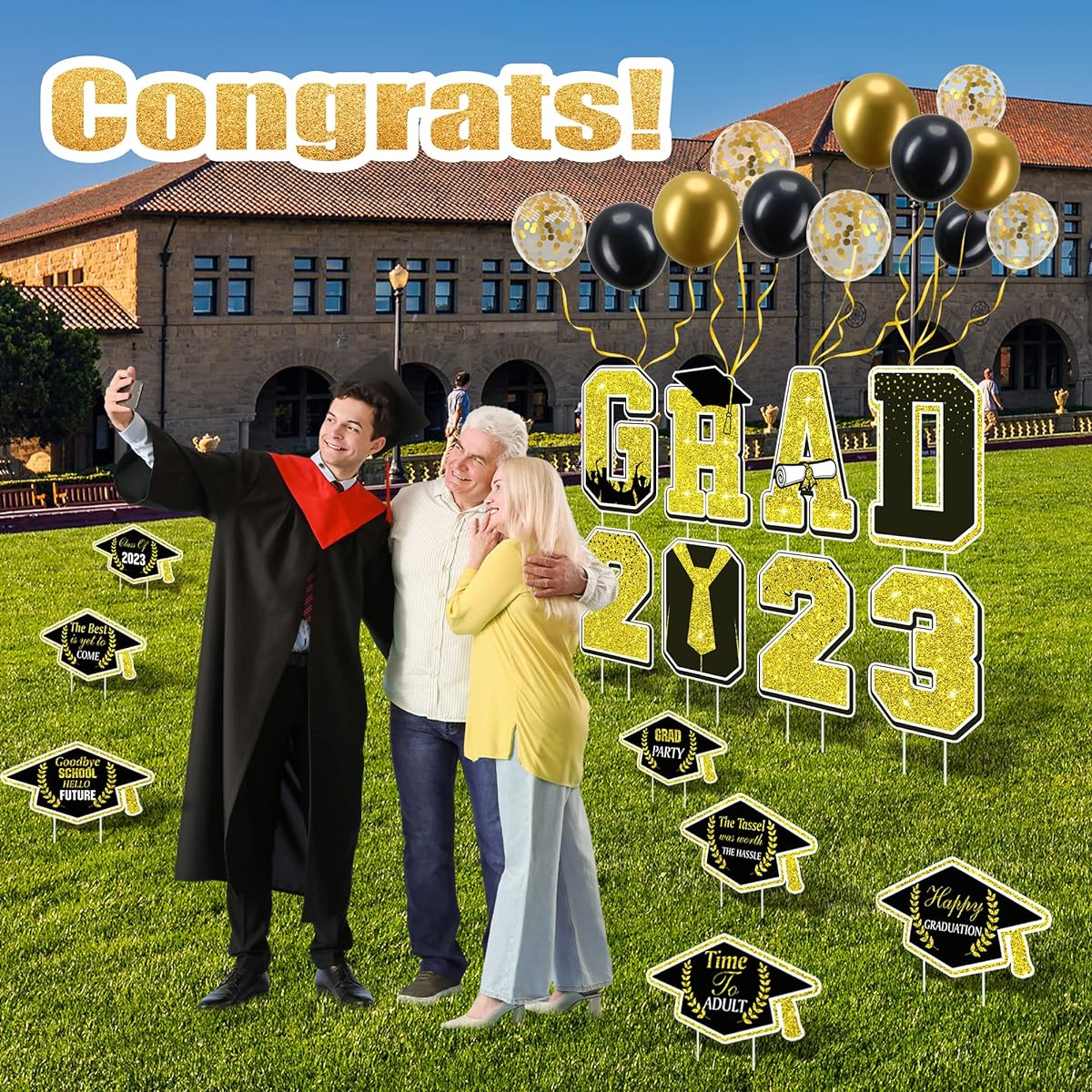 2023 Graduation Yard Sign Decorations, 18pcs Congratulations Graduation Balloons Waterproof College Graduation Decor Outdoor Yard Lawn Graduation Party Decorations (Black Gold)