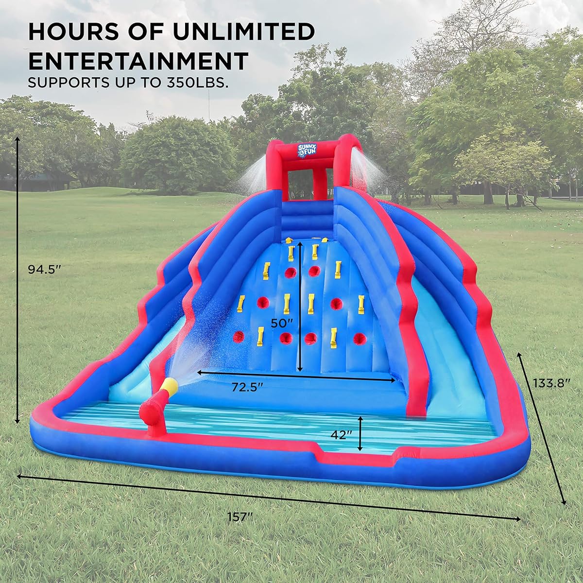 Deluxe Inflatable Water Slide Park - Durable Nylon Bouncy Station for Outdoor Play - Climbing Wall, 2 Slides & Splash Pool - Easy to Set Up and Inflate, Air Pump & Carry Case Included