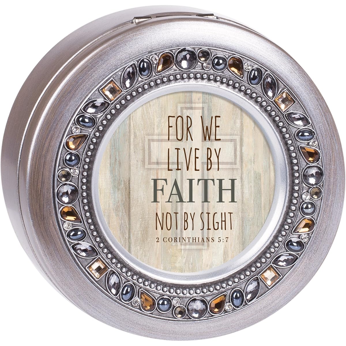 Live by faith not by sight Brushed Silver Round Jeweled Music Box Plays Tune Amazing Grace