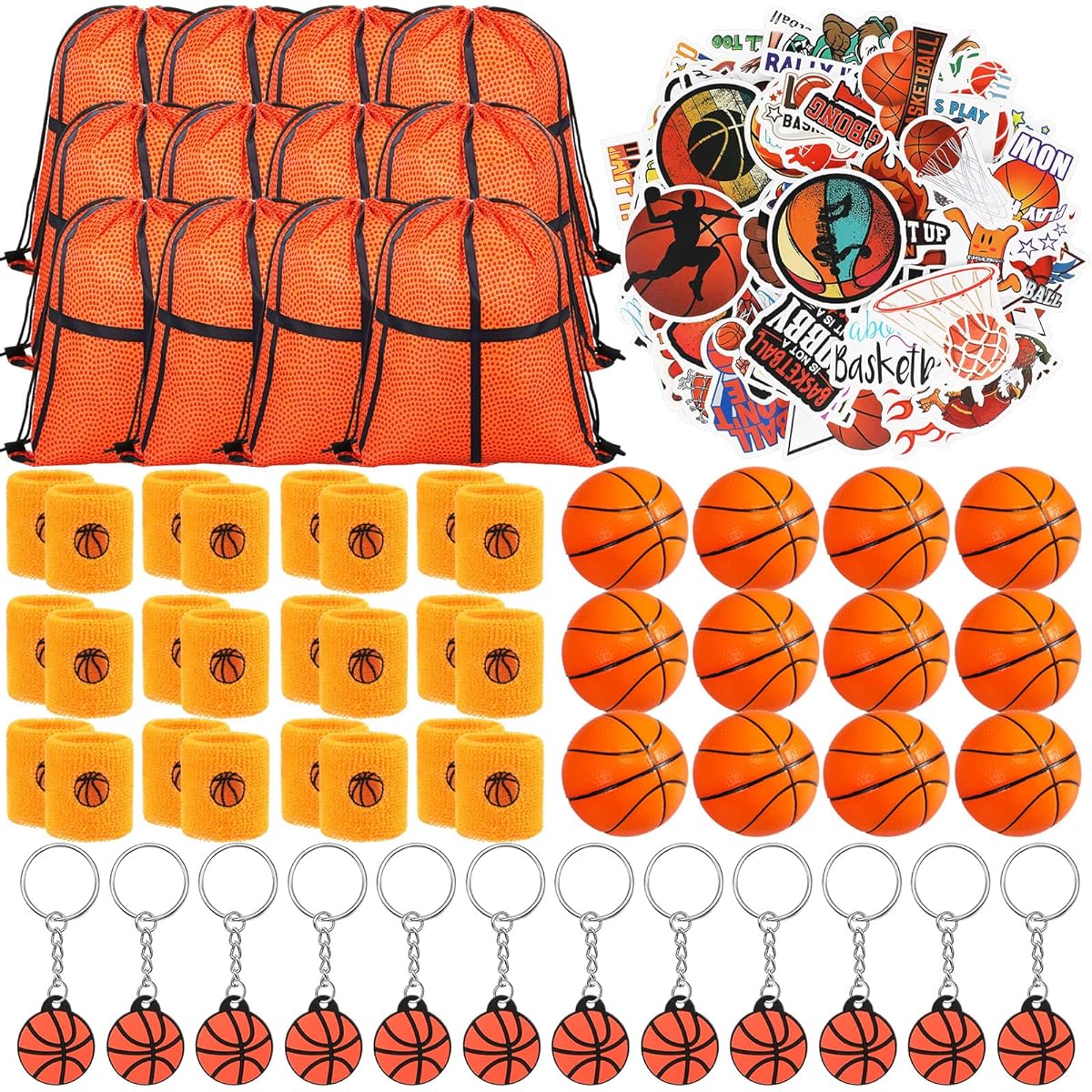 LEIFIDE Basketball Party Favors 148 Pieces with Basketball Gift Bags Drawstring Sports Wristbands Mini Basketball and Basketball Keychain Sports Stickers for Basketball Birthday Decorations