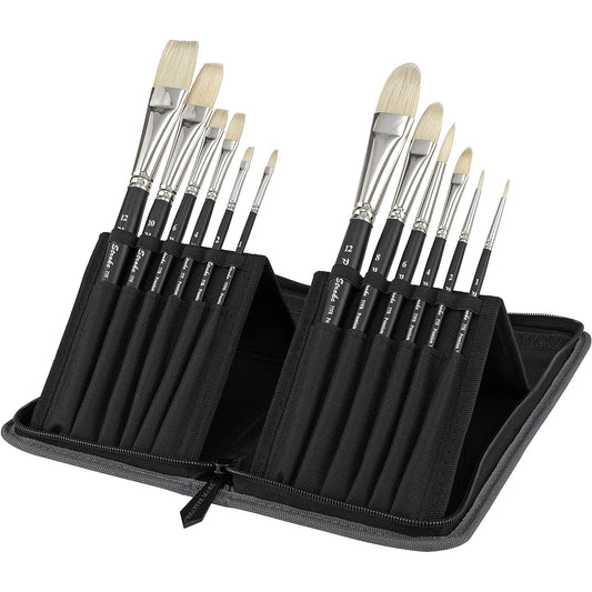 Creative Mark Pro Stroke White Bristle Paint Brush Artist Set with Zippered Black Travel Organizer Case for Oil Gouache Acrylic and Watercolor Paints, 12 Pieces, 1 Pack