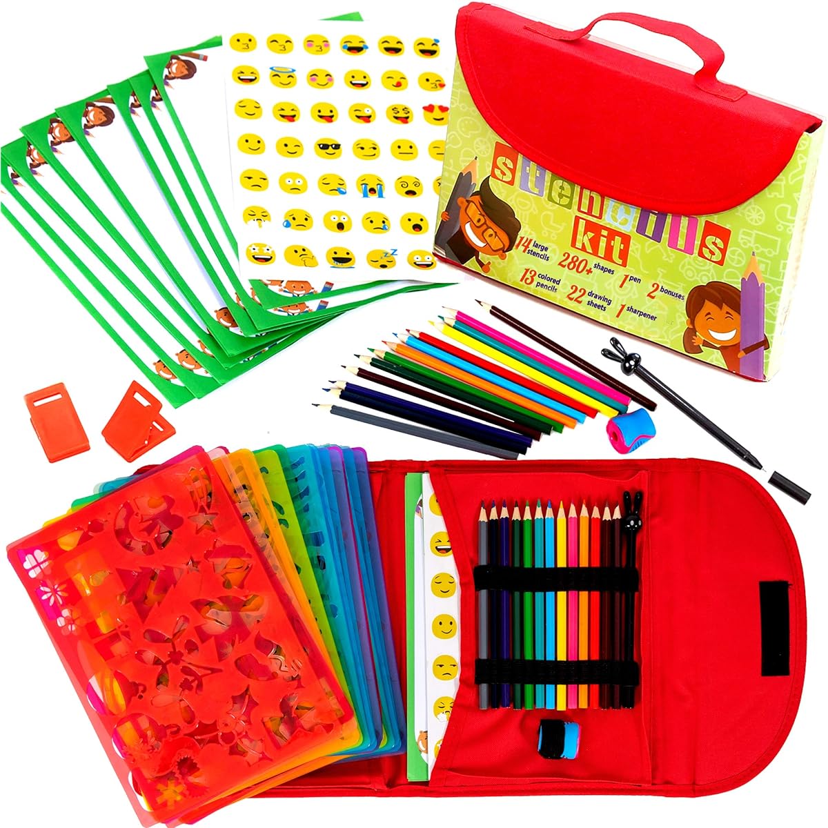 Drawing Stencil Kit for Kids Large 54-Piece Fun Travel Activity Set, Organiser Case with more 280 Shapes, Art Craft Girls And Boys, Creativity Educational Toy Ages 3 to Teen Excellent Gift for Kid
