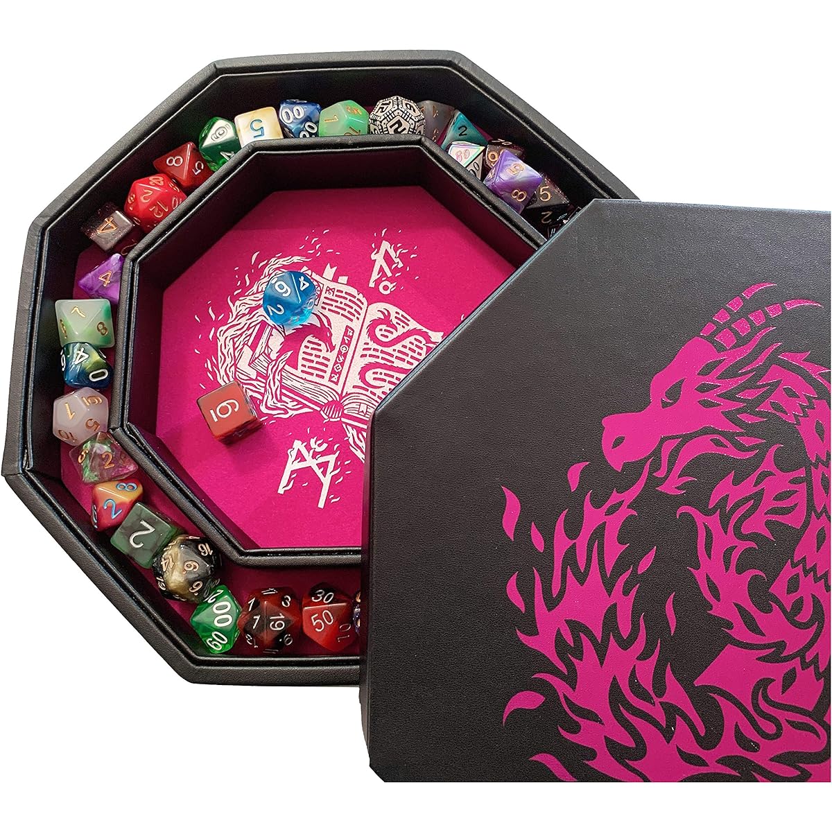 Fantasydice - Pink - Fire Dragon - Dice Tray - 8" Octagonal with Lid and Dice Staging Area - Holds 5 Sets Dice (7/Standard) for All Tabletop RPGs Like D&D, Cthulhu, Shadowrun, and More