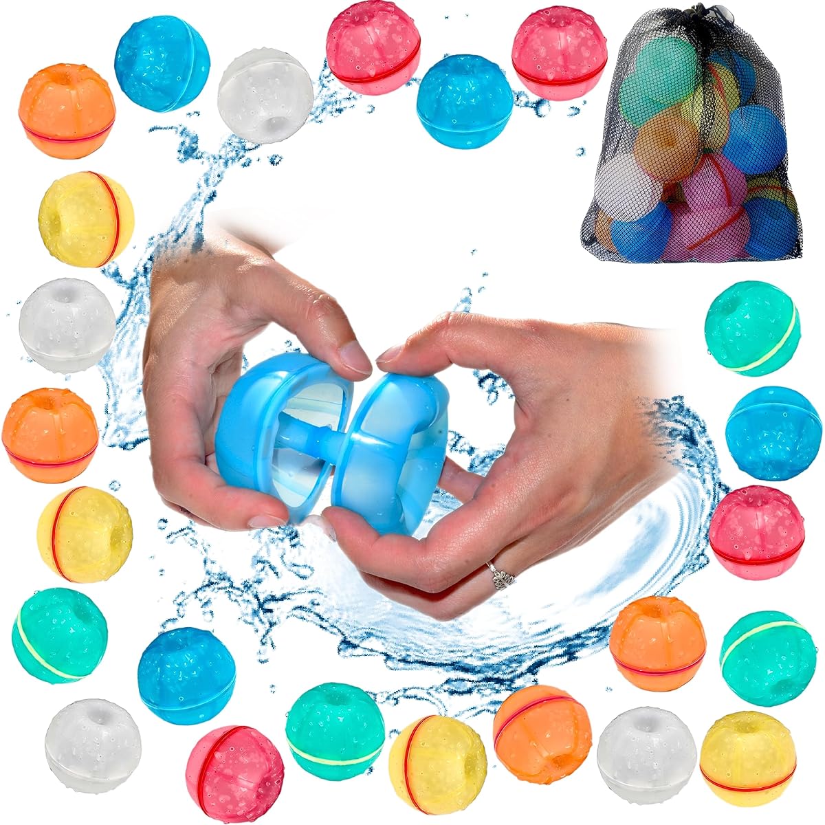 Etonville - 24 pcs Reusable Water Balloon Bombs Latex Free Silicone with Mesh Bags Self Sealing Magnetic Closure Summer Party Fun Game Toys for Adults and Kids
