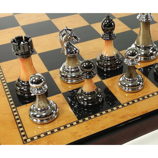 Staunton Chrome & Black Chess Men's Set W 18" Gloss Walnut and Birdseye Maple Color Board