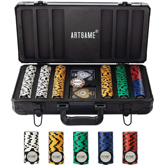 Artgame 14 Gram Clay Poker Chip Set for Texas Hold'em - 300 Pieces Casino Style Chips with K Type Aluminum Case and Dealer Button