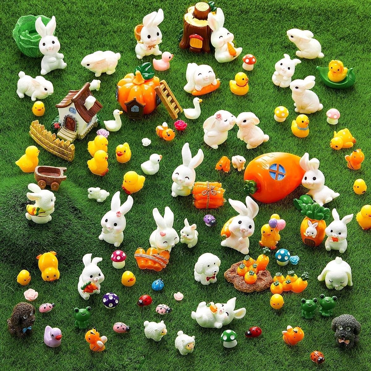 Skylety 100 Pieces Mini Resin Charms Ducks Small Animal Figurines Miniature Duck Figurines Small Animal Figurines Micro Landscape Aquarium Dollhouse Ornaments Party Accessories(Bunny Style)