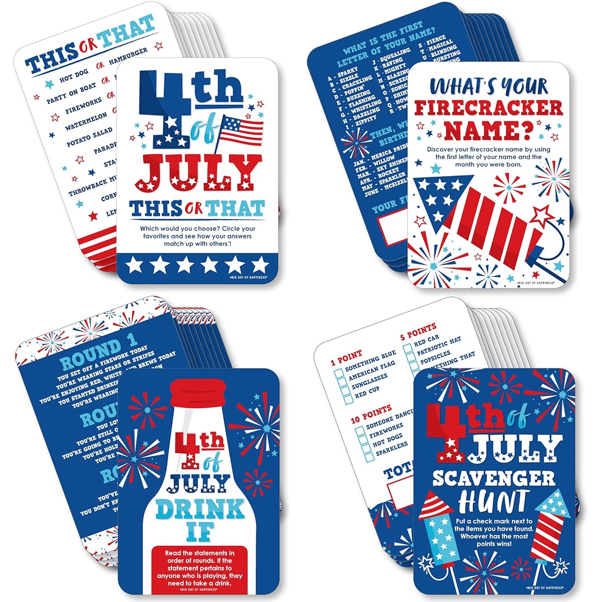 Big Dot of Happiness Firecrackers 4th of July - Red White Royal Blue Party Game - 10 Cards Each - Gamerific Bundle