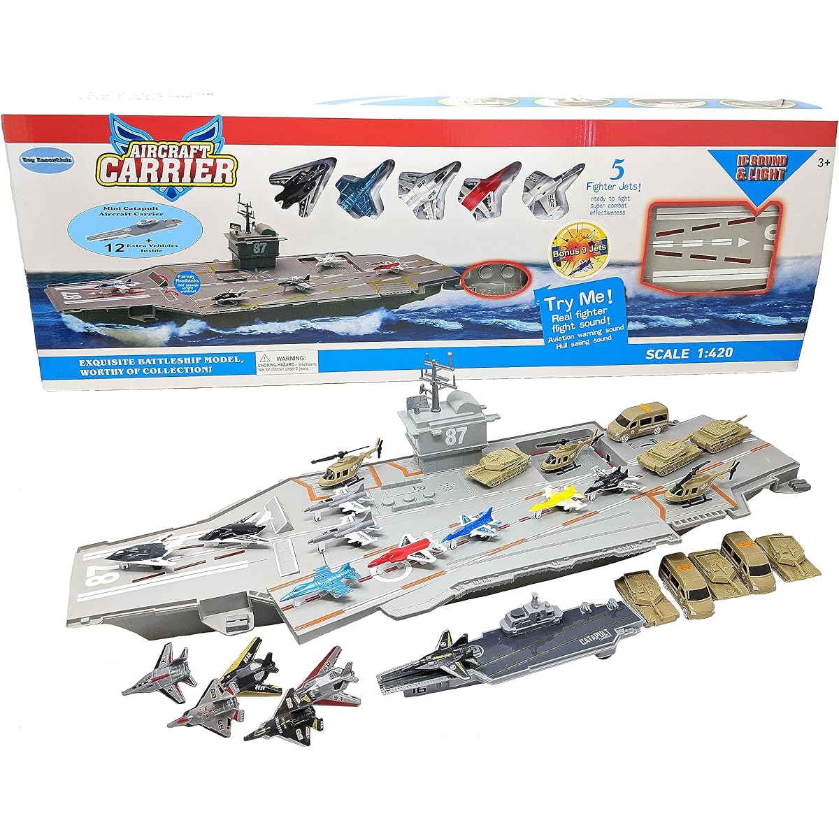 Large Aircraft Carrier Toy Small Catapult Aircraft Carrier Combo with Fighter Plane and 12 Military Vehicles
