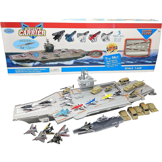 Large Aircraft Carrier Toy Small Catapult Aircraft Carrier Combo with Fighter Plane and 12 Military Vehicles