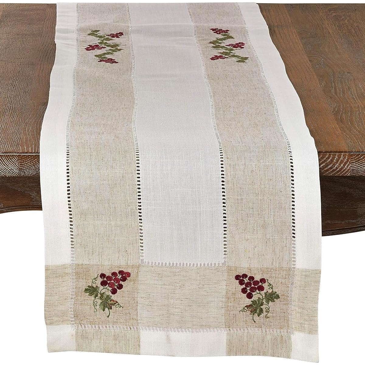 SARO LIFESTYLE Hommage Brodé Collection Linen and Polyester Blend Embroidered Grape Hemstitch Runner, 15" x 70", Ivory