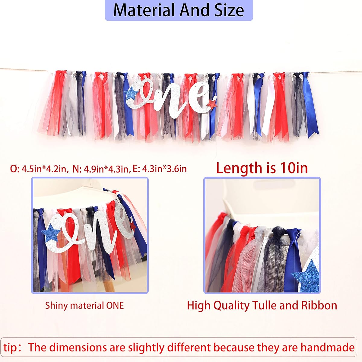WAOUH Patriotic Star Banner for 1st Birthday - Highchair Banner for First Birthday Decorations, Cake Smash Photo Props, Tulle Garland Banner (Red White and Blue)