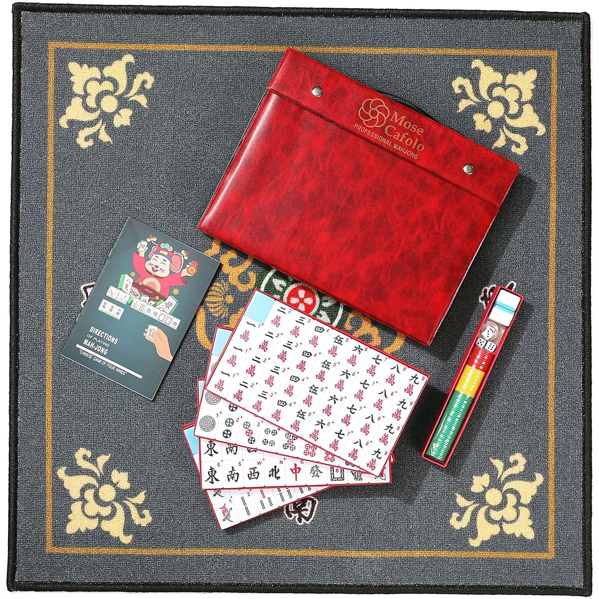 Mose Cafolo Professional Chinese Mahjong Game Set, 146 Numbered Melamine Large Blue Tiles with Carrying Travel Case, English Instructions, Mahjong Set (Mahjong, Maj Jongg, Ma Jong)