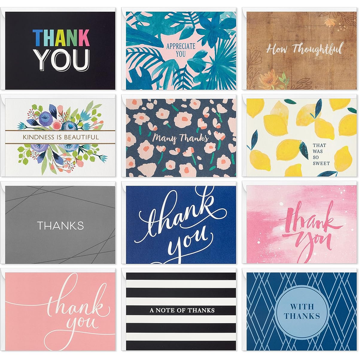 Hallmark Thank You Cards Bulk Assortment (48 Blank Cards with Envelopes) Pink Black Gold Floral