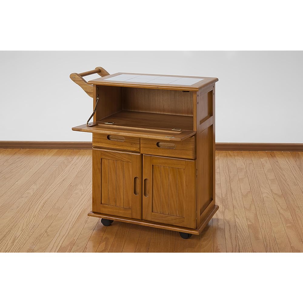 Otake Sangyo Kitchen Wagon with Casters Natural Wooden Top Plate Tile 60cm x 30cm x 72cm Paulownia Flap Type Kitchen Wagon Storage Rack Wagon with Casters Rack with Casters