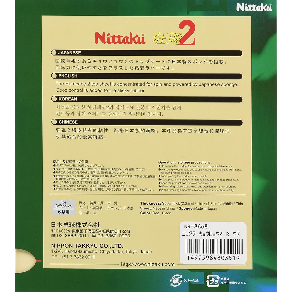 Nittaku Table Tennis Rubber Nittaku Kyouhyou 2 Back Soft Adhesive NR-8668 (Speed)