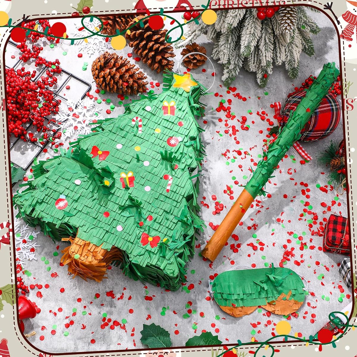 Qeeenar Christmas Tree Pinata 16inch Christmas Pinata with Stick Blindfold and Confetti Pack Christmas Mexican Pinata Bundle for Boys Girls Birthday Xmas Holiday Pinata Games, Please See the Picture