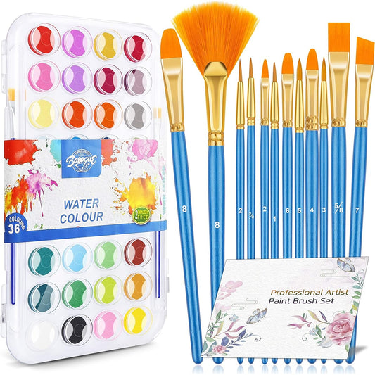 Premium Watercolor Brush Set 12 Pieces Paint Brushes with 36 Colors Watercolor Painting Best Gift for Beginners Kids Art Lovers