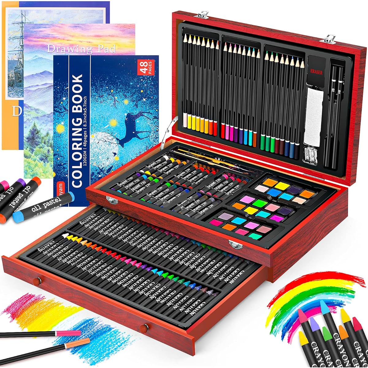iBayam Art Supplies Deluxe Wooden Art Set 150 Pack Craft Drawing Kit with 1 Coloring Book and 2 Sketch Pads in Creative Gift Box for Adults Artists Beginners Kids Girls Boys