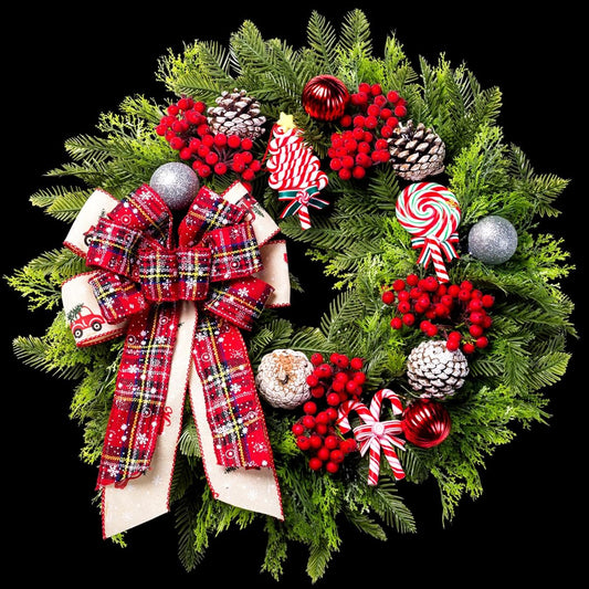 WREATHOME Christmas Wreath for Front Door, 20 Inch Lighted Artificial Christmas Door Wreath with Christmas Ball Ribbon, Christmas Decorations
