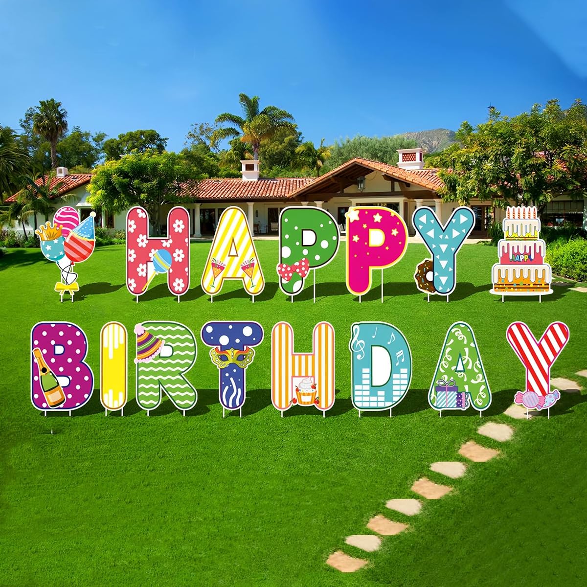 Paradmas Happy Birthday Yard Sign with Stake 13.75x9.85 Inch Letters