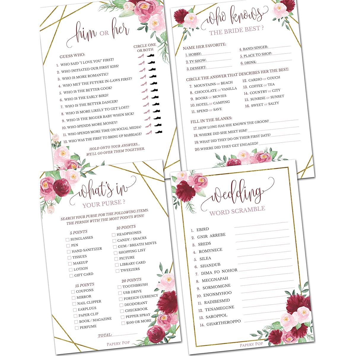 Bridal Shower Game - Set of 4 for 30 people - Double-sided cards - Wedding Shower Game - Rose Gold