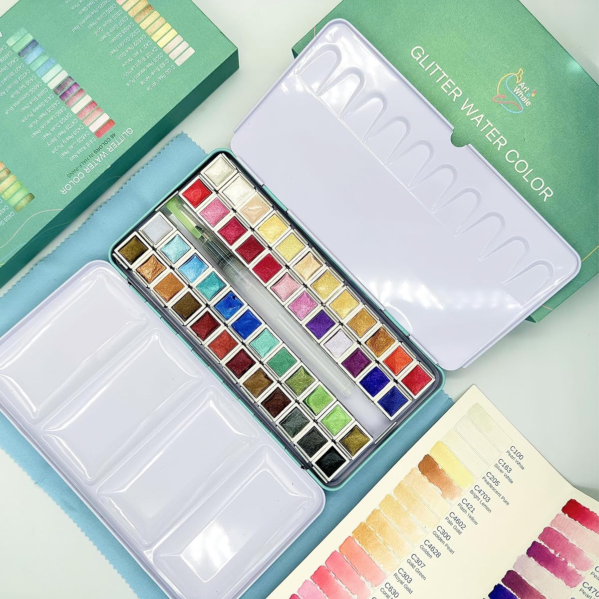 Art Whale Metallic Watercolor Paints, 48 Colors, Half Pans, Tin Box with Water Brush - Highly Pigmented Paint Set for Painters, Professionals, Beginners, Hobbies, Students and Kids