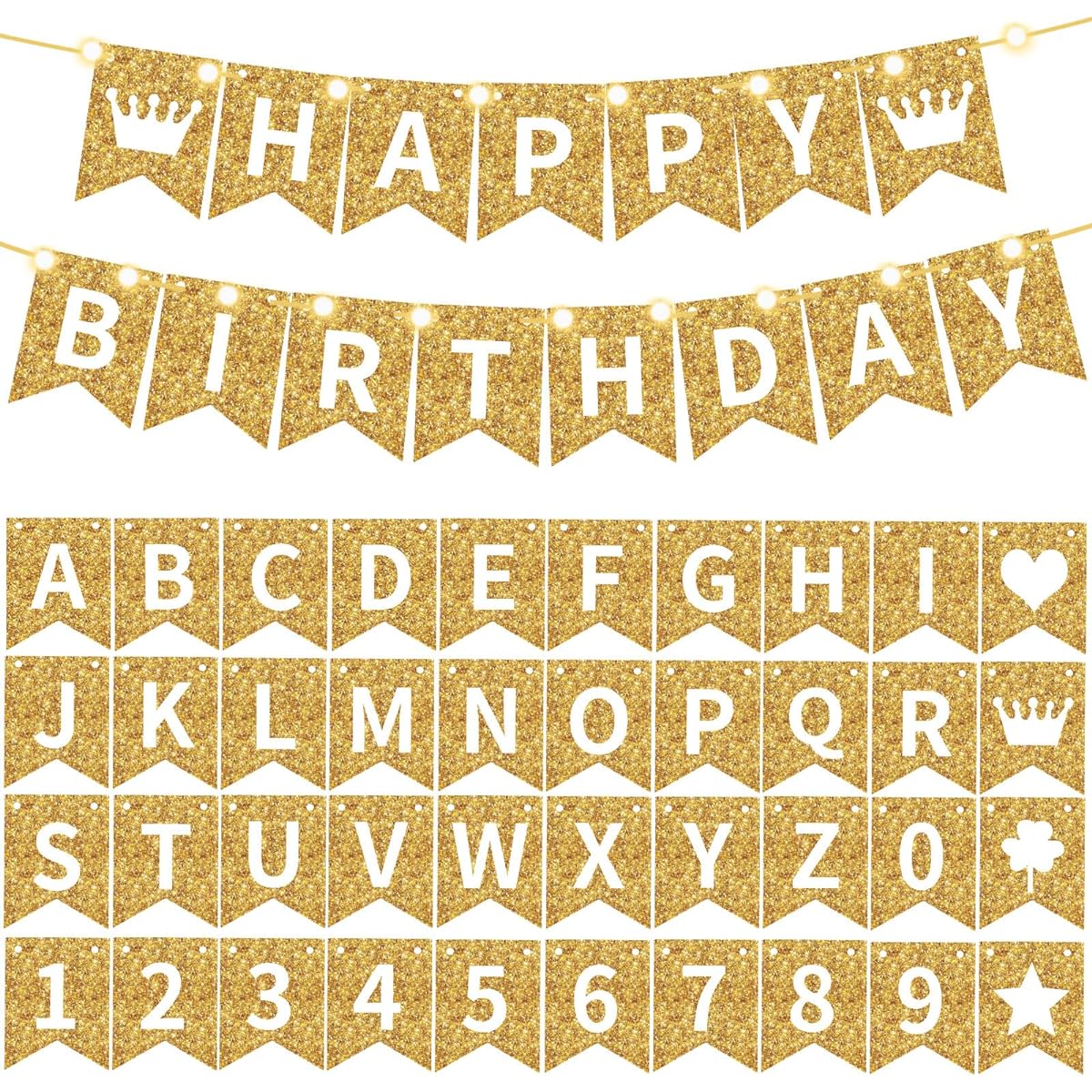 TaoBary 135pcs DIY Banner Custom Letter Kit with 107 Letters and Numbers, 16 Symbols, 2 String Lights, 5 Needles, 5 Ropes for Birthday/Halloween Party Decorations (Gold)