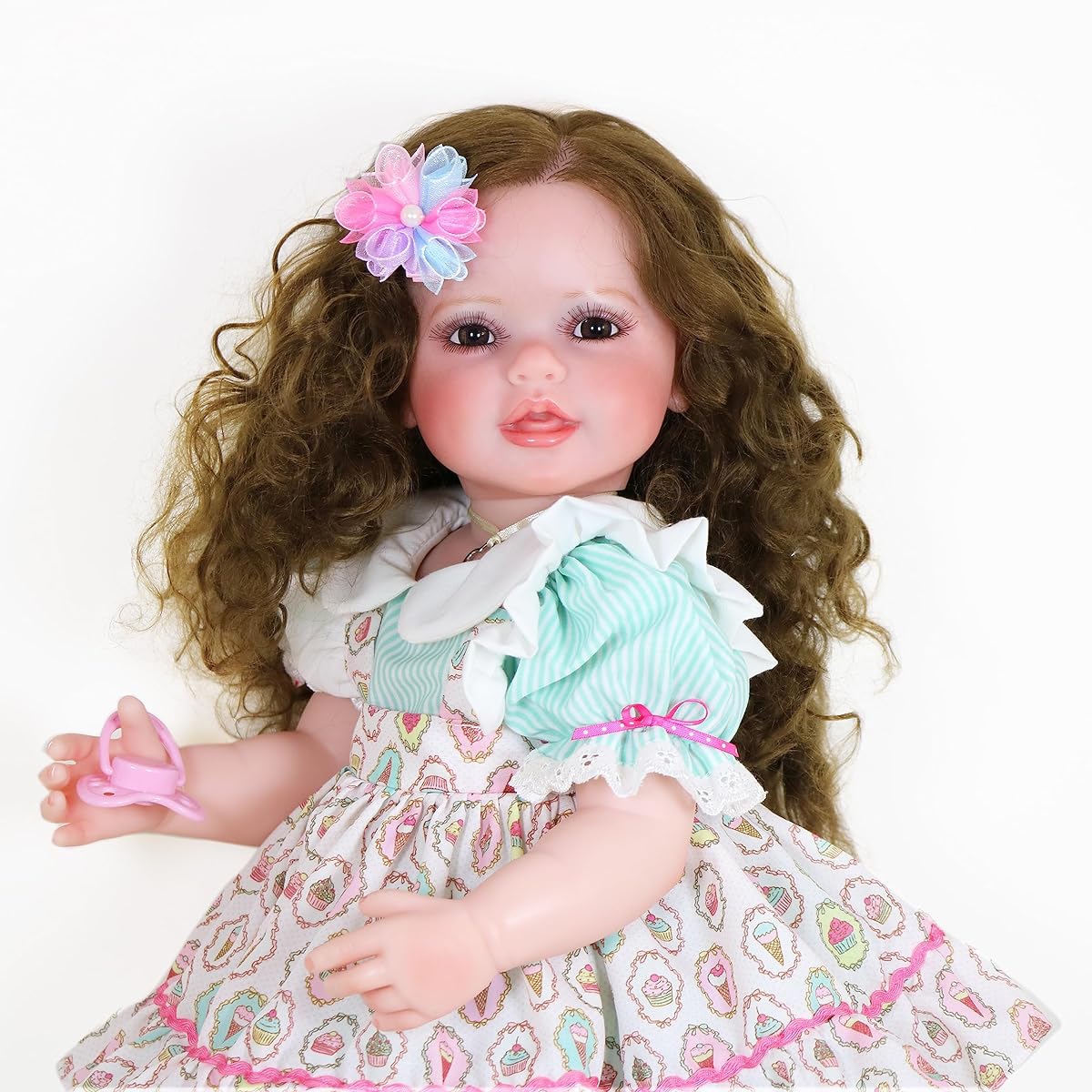 WAWA-HAOKEAI 22" Standing Reborn Toddler Doll with Smile Face, 3D Painted Skin, Visible Veins and Rooted Brown Hair, Full Vinyl Body (Green and White)