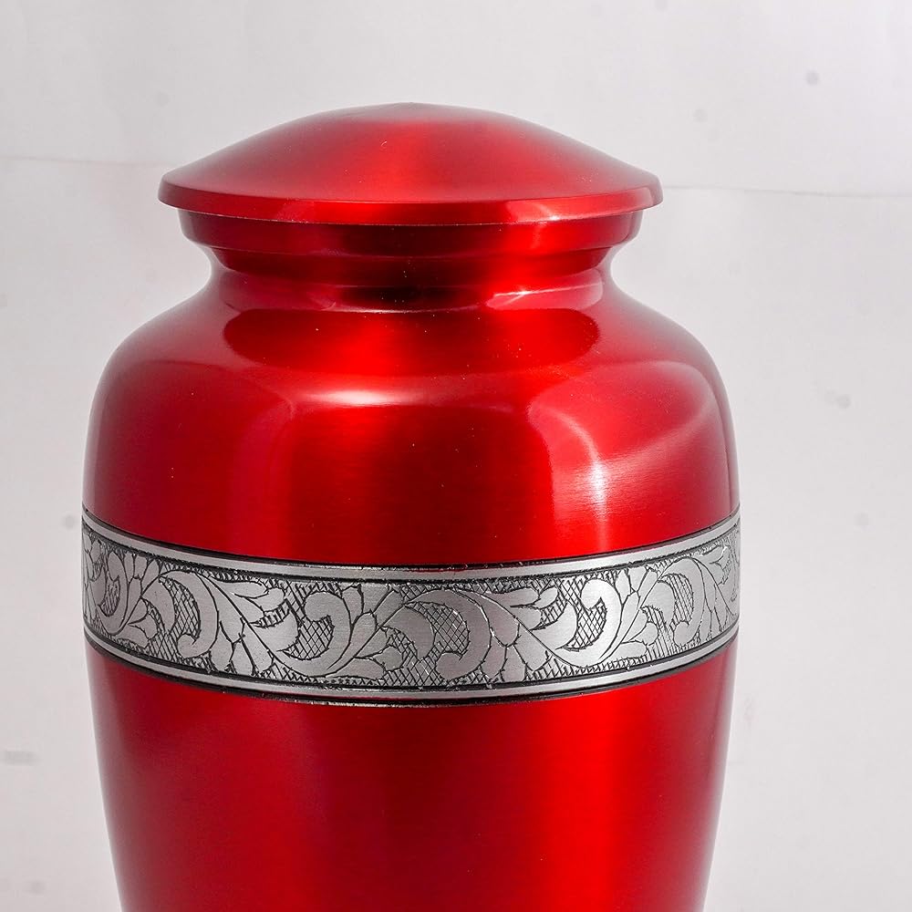 Hind Handicrafts Silver Engraved Aluminum Cremation Urn for Human Ashes Adult - Handmade Funeral Memorial Ashes Storage Urn - Includes Bag 6.5" x 6.5" x 10.5" - 200 lbs. Red