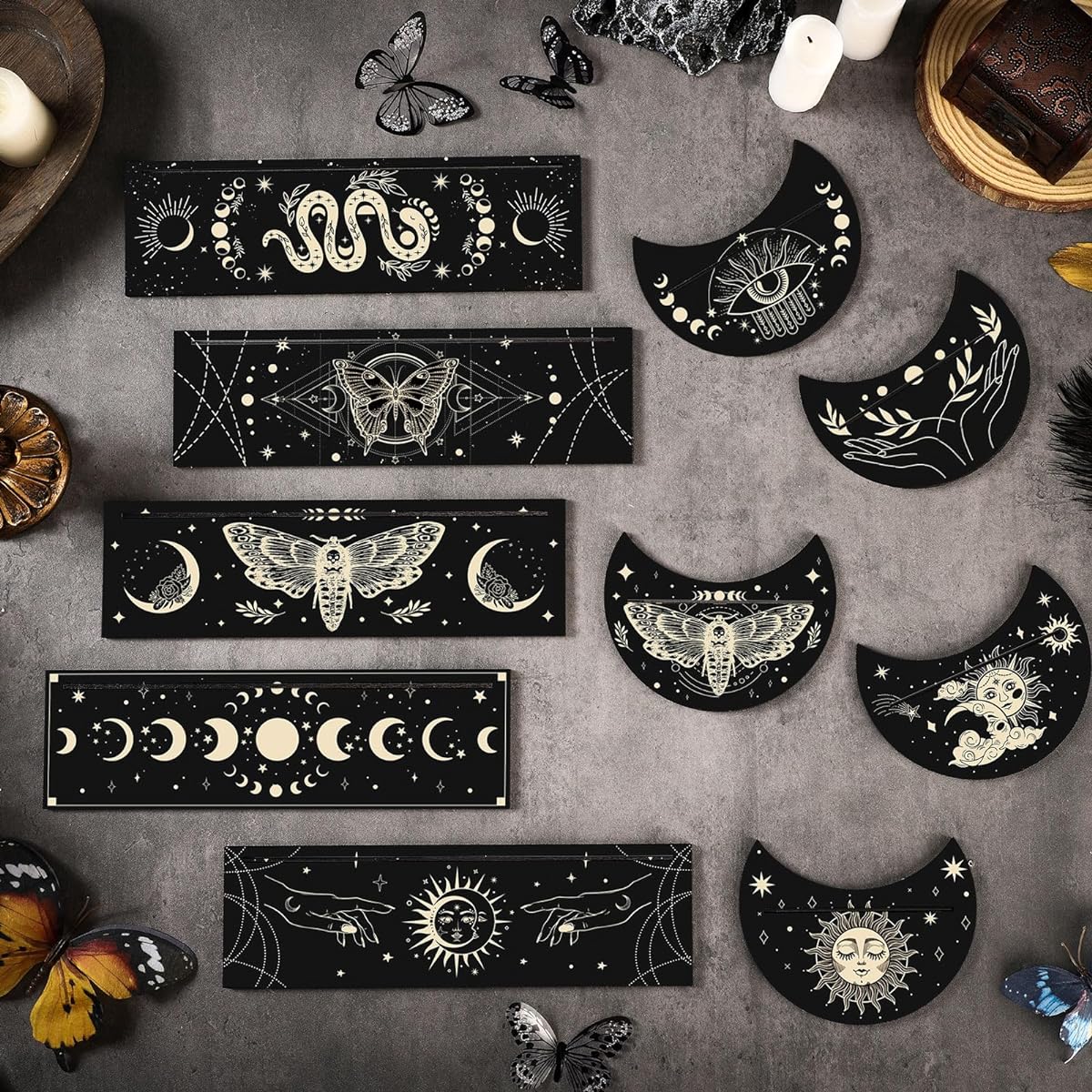 Thyle 10pcs Wooden Tarot Card Holder Stand, 5pcs Rectangular Tarot Card Stands, Moon Shaped Tarot Deck Holder, Witch Divination Tool, Lenormand Oracle Card Place Card Display Supplies