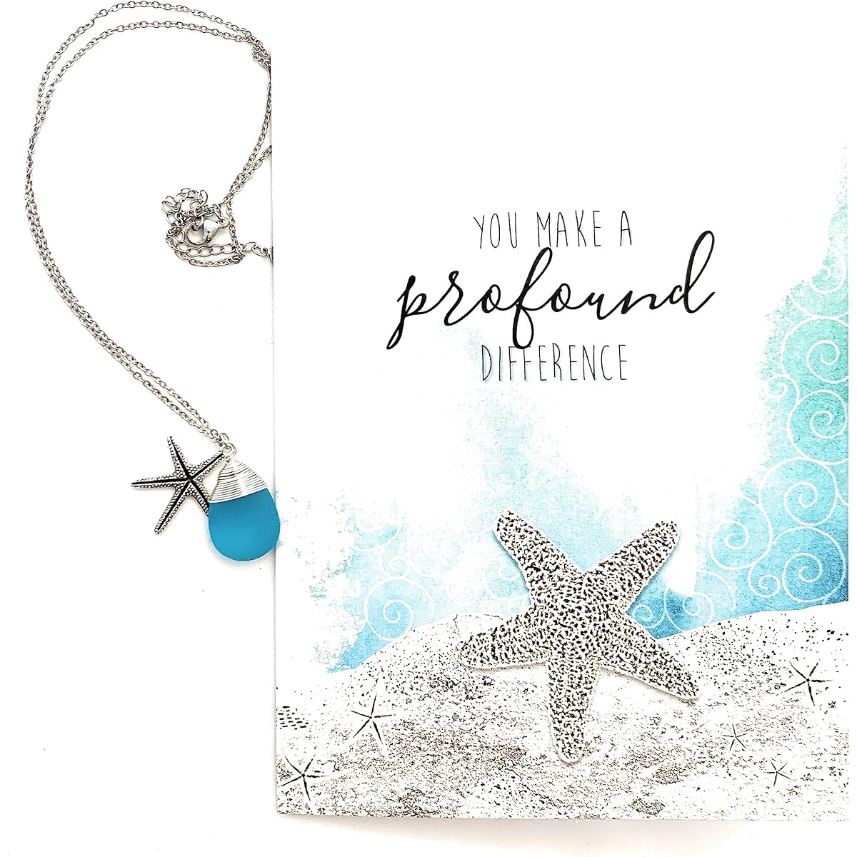 Smiling Wisdom - Handmade Seagrass Starfish Necklace Gift Set - You Make a Profound Difference Story Card - Appreciation - for Women Friends, Teachers, Volunteers - Silver, Frost Blue