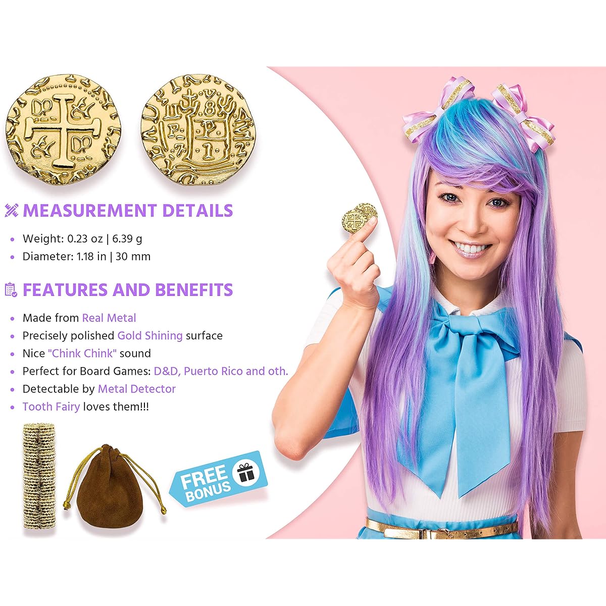Premium Metal Pirate Coins - 100 X Large Pirate Gold Coins, Fake Gold Coins for Kids, DND Coins, Metal Coins, Fantasy Coins, Tokens - Diameter: 1.2"