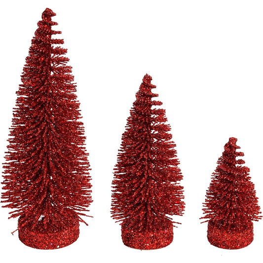 Vickerman Glitter Oval Pine Artificial Christmas Trees, Set of 3, 3"-5"-7", Red