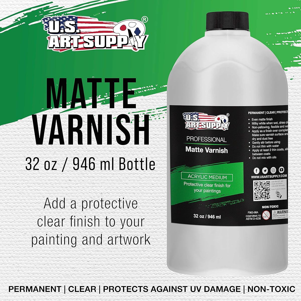 U.S. Art Supply Professional Matte Varnish 32 oz (Quart) - Acrylic Medium Clear Permanent Protective Finish for Paintings and Artwork Apply Over Dry Acrylic Paint Reduces Glare from UV Photo Shine