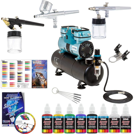 Powerful Master Airbrush Airbrush System with 3 Airbrushes, US Art Supply Primary Colors Acrylic Paint Set, Cool Runnings 1/4 Horsepower Twin Cylinder Piston Air Compressor with Air Storage Tank