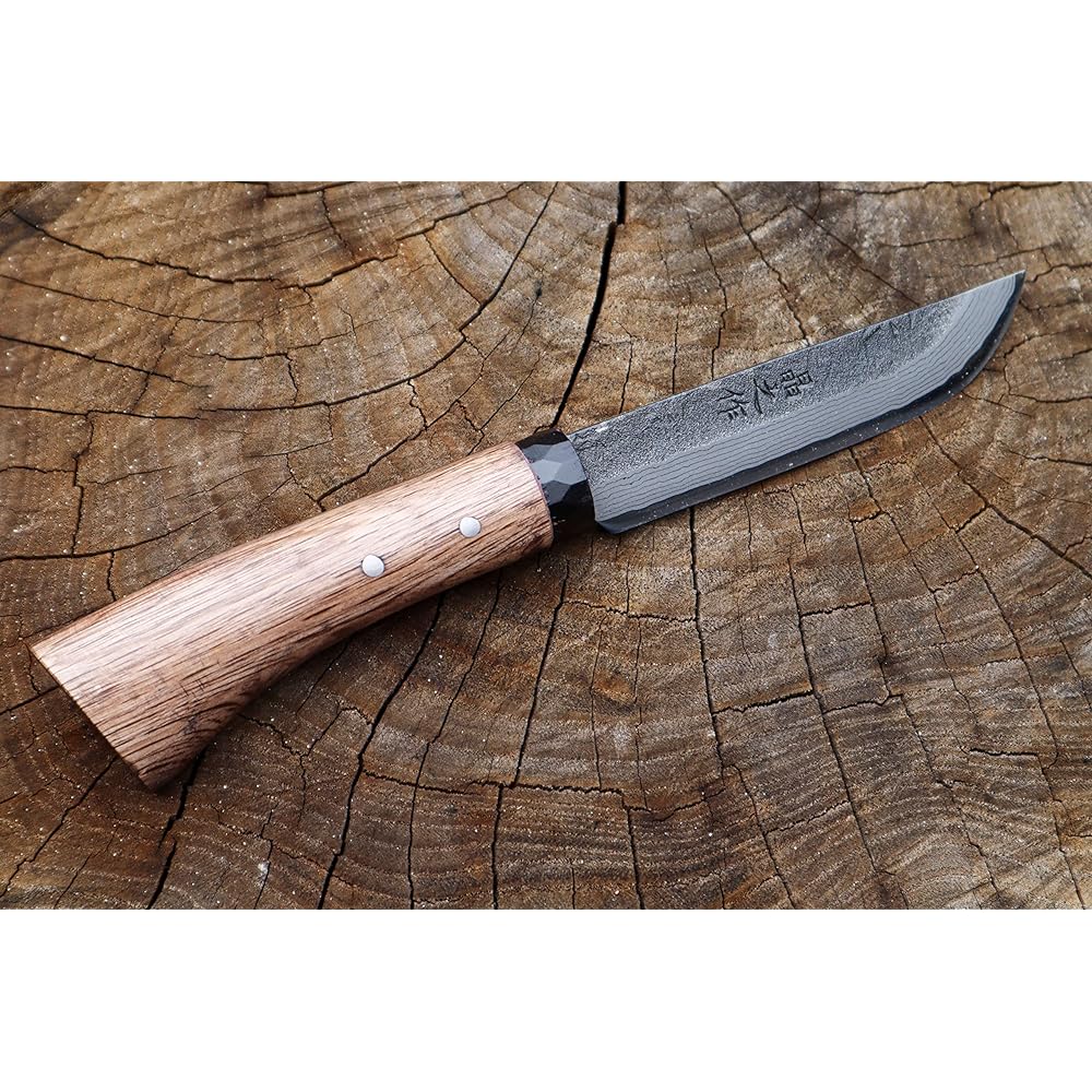 Akinosaku Tosa Shimanto Keiryu Knife 105 Damascus 15 Blue 2 (7+Blue 2+7) Kurotsuchi eyes Double-edged Black circle ring Oak oil stain handle Leather band keiryu-001 Toyokuni sheath knife Forged Outdoor Camping Climbing