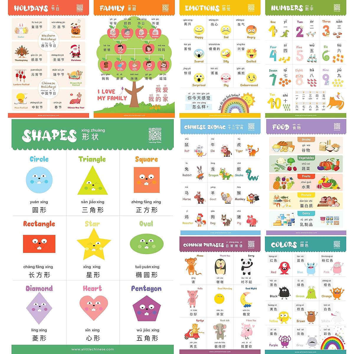 N/A/Chinese learning posters for kids set Chinese-English bilingual for kids, toddlers and preschoolers with learning videos featuring Simplified Chinese and Pinyin.