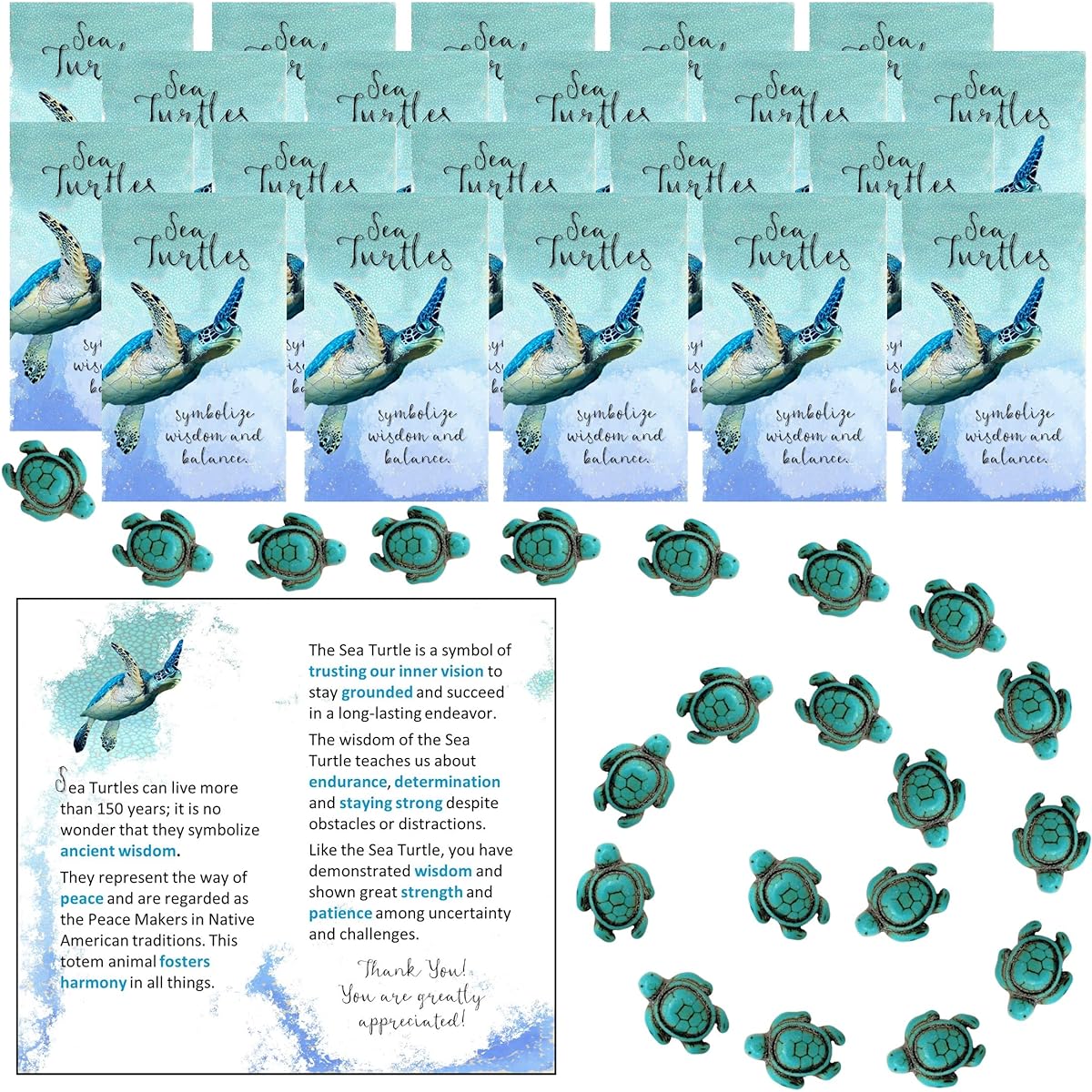 Smiling Wisdom - Bulk 20 - Appreciation Gift Set - Sea Turtle Gifts - Greeting Cards with Wisdom and Perseverance Messages - Employees, Students, Caregivers, Hospice, Volunteers - Turquoise Turtles
