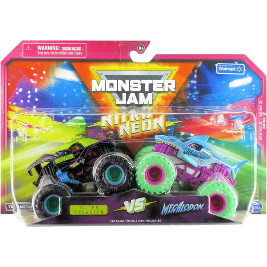 Monster Jam 2023 Nitro Neon Series Alien Invasion vs Megalodon 2 Pack