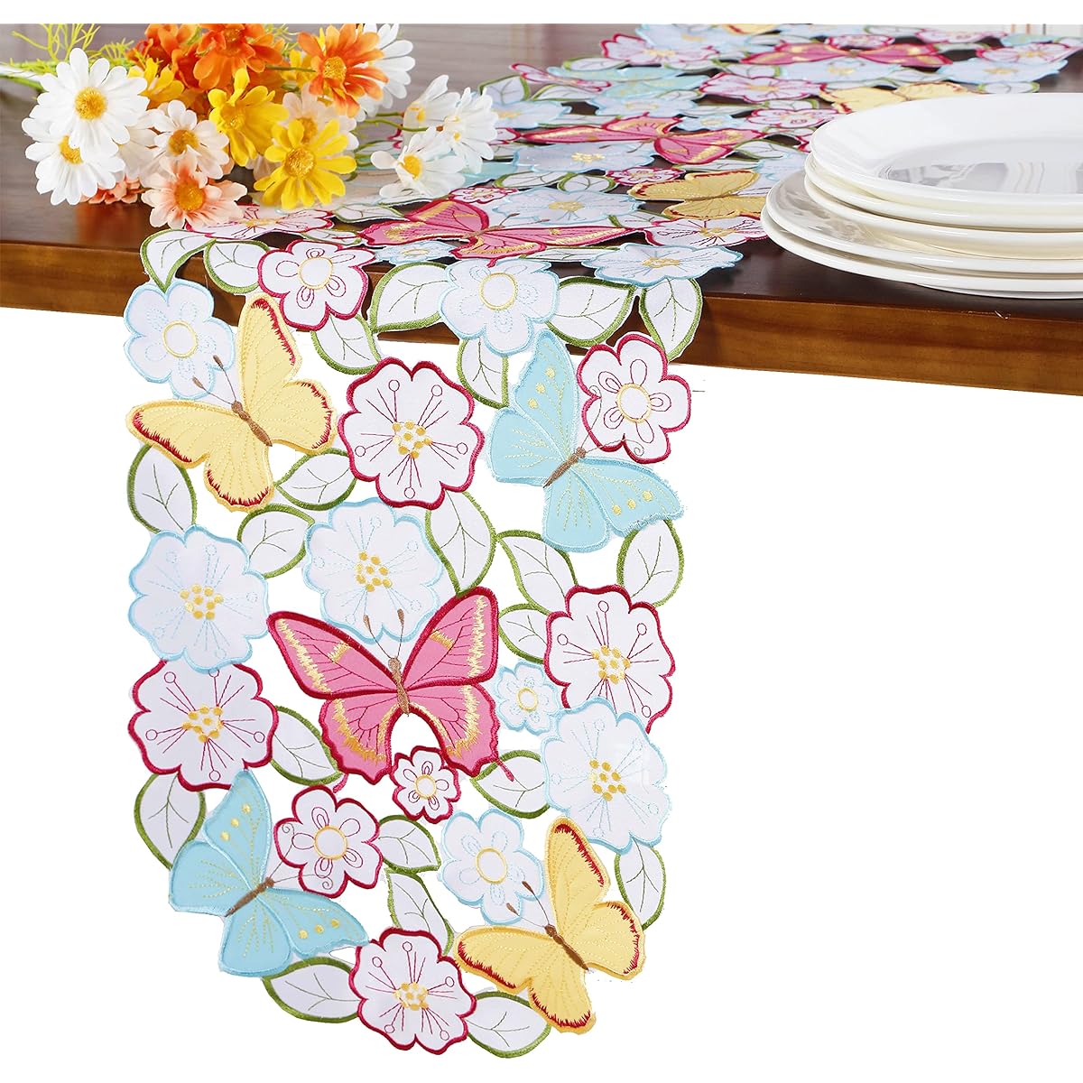 GRANDDECO Easter Spring Butterfly Table Runner Floral Daisy Cutwork Embroidery Flower Table Linen Home Kitchen Dining Tabletop Decor (Table Runner 13" x 83")