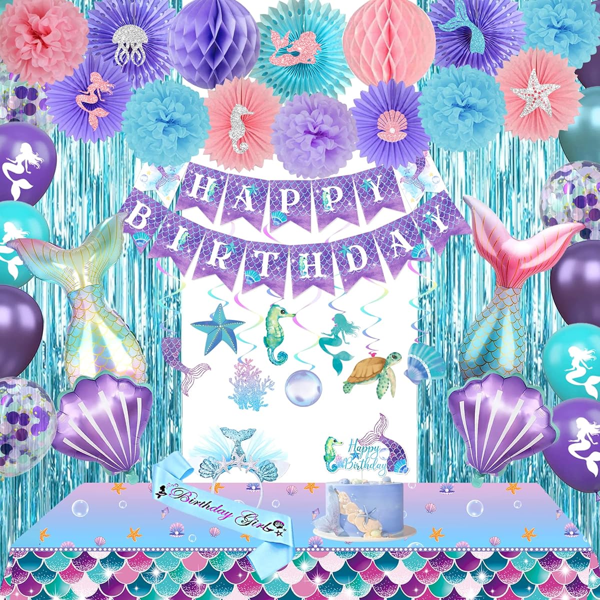 Nalyee Mermaid Birthday Decorations for Girls, Little Mermaid Party Decorations, Mermaid Birthday Party Supplies, Undersea Mermaid Party Decor