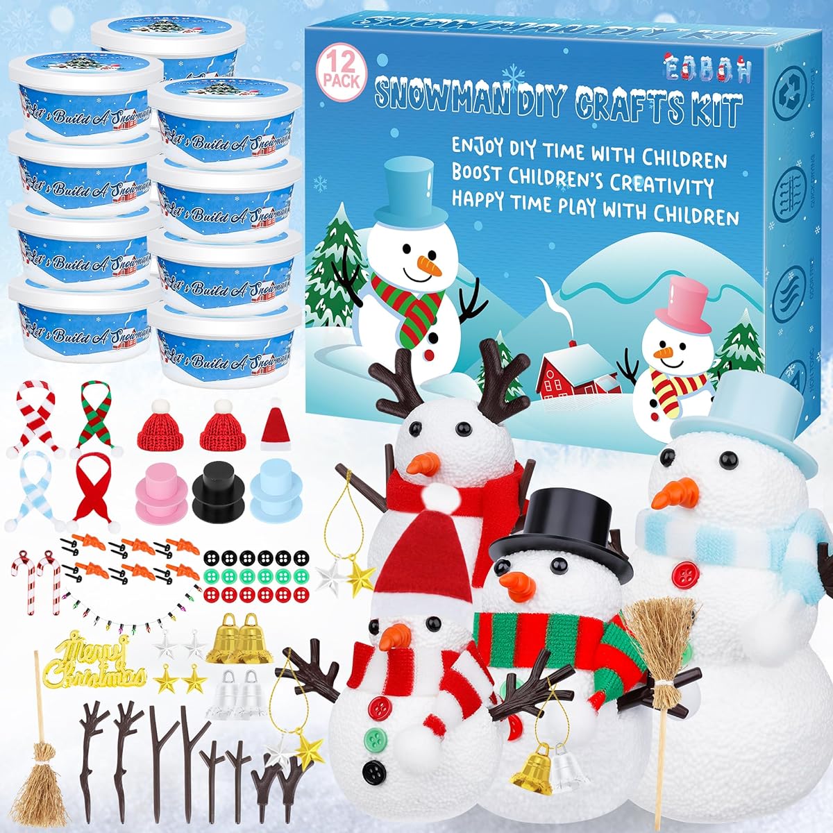 Snowman Kit, 12 Pack Christmas DIY Snowman Crafts for Kids, Snowman Winter Decorations Indoor Creative Kids Air Dry Clay Modeling Craft Kit for Christmas Kids Gifts Giveaway Supplies